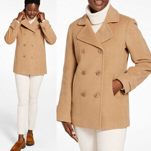 L.L.BEAN Classic 100% Wool Premium Italy Fabric Peacoat Coat in Camel Size 14